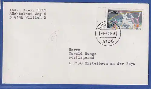 Bund Sporthilfe Mi.-Nr. 1449 EF auf Brief v. WILLICH nach Österreich 1990