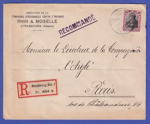 Deutsches Reich 1913 Mi.-Nr. 75 als EF auf R-Brief von Straßburg nach Paris