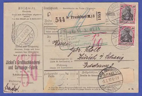 Dt. Reich 1912 Mi.-Nr. 90 I senkr. Paar auf Paketkarte Frankfurt/M. nach Zürich