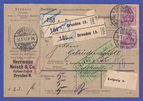 Deutsches Reich 1912 Mi.-Nr. 92 I als MEF auf Paketkarte Dresden nach Zürich
