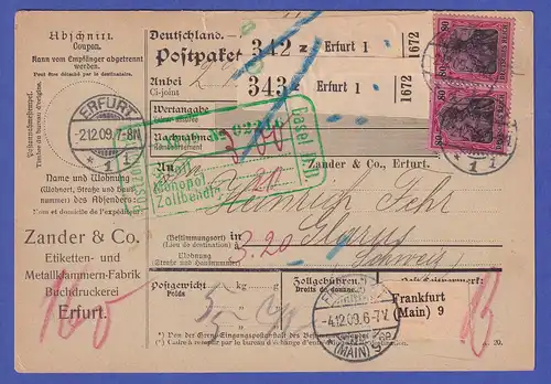 Deutsches Reich 1909 Mi.-Nr. 93 I als MEF auf Paketkarte Erfurt nach Glarus (CH)