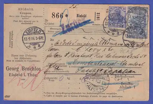 Deutsches Reich 1916 Mi.-Nr. 95 A II auf Paketkarte Eisfeld nach Konstantinopel