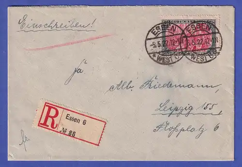 Deutsches Reich 1922 Mi.-Nr. 97 B II als EF auf R-Brief Essen nach Leipzig