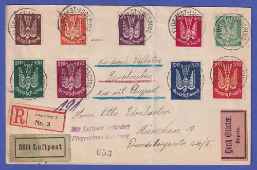 Dt. Reich 1922 Mi.-Nr. 210-218 auf Luftpost-R-Eilbrief Augsburg nach München