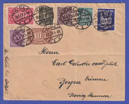 Deutsches Reich 1923 Mi.-Nr. 245, 267 u.a. auf Infla-Brief Kiel nach Bergen 