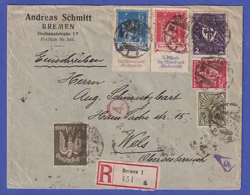 Dt. Reich 1923 Mi.-Nr. 233-234 u.a. auf zensiertem R-Brief Bremen nach Wels