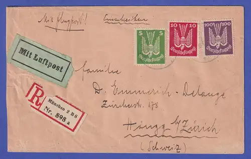 Dt. Reich 1924 Mi.-Nr. 344, 345, 348 auf Luftpost-R-Brief München nach Zürich