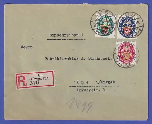 Deutsches Reich 1926 Mi.-Nr. 398-400 auf Orts-R-Brief aus Aue im Erzgebirge
