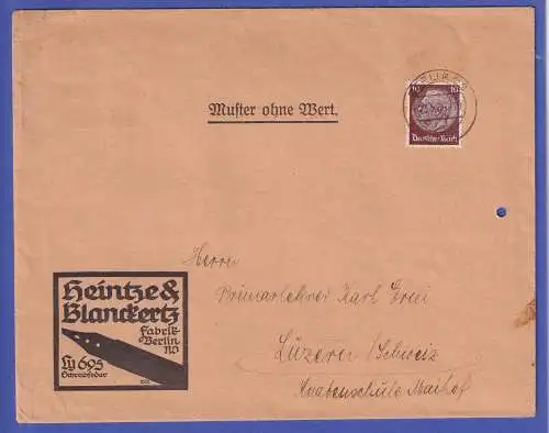 Dt. Reich 1936 10Pfg Hindenburg als EF auf Muster ohne Wert von Berlin nach CH 