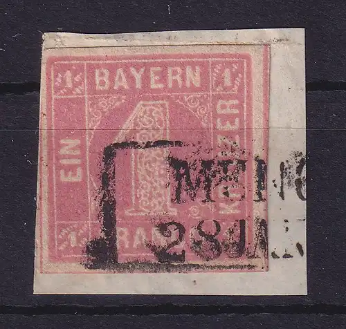 Bayern 1 Kreuzer rot Mi.-Nr. 3 I a  gestempelt auf Briefstück
