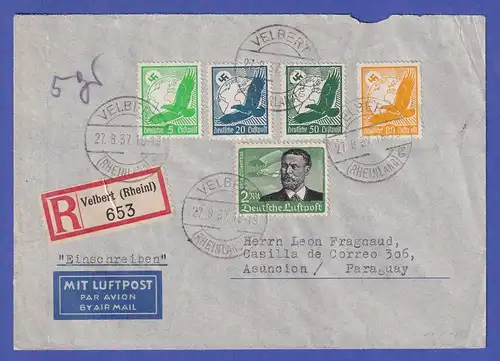 Dt. Reich 1937 Mi.-Nr. 529,532,535,536,538 auf Luftpost-R-Brief nach Asuncion