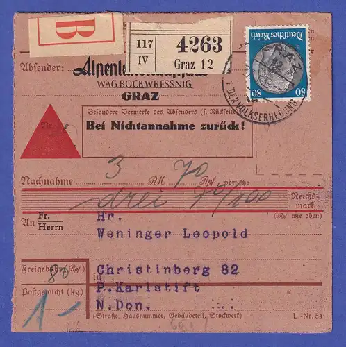 Dt. Reich 1939 Hindenburg 80 Pf Mi-Nr. 527 als EF auf Nachnahmepaketkarte O GRAZ