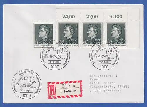 Berlin 1981 Arnim Mi.-Nr. 637  4 Stück auf Ersttags-R-Brief nach Österreich