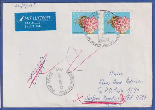 DDR 1990 Biene 50Pfg 2-fach als MEF auf Lp-Brief nach Australien, So-O HALLE