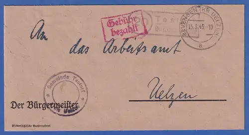 Testorf über Bevensen Hilfs-Stempel auf Gebühr bezahlt Bf. nach Uelzen, 13.8.45