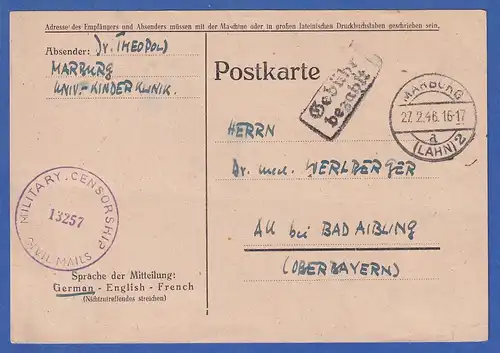 Gebühr bezahlt Postkarte aus MARBURG am 27.2.46 gel. nach Bad Aibling, zensiert