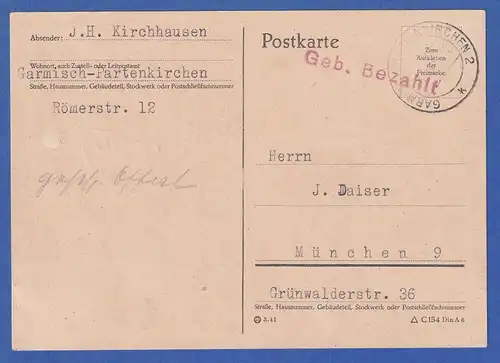 Gebühr bezahlt Postkarte aus GARMISCH-PARTENKIRCHEN 13.11.45 nach München