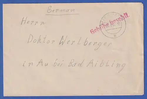 Gebühr bezahlt Brief aus MIESBACH am 12.4.46 gel. nach Au / Bad Aibling