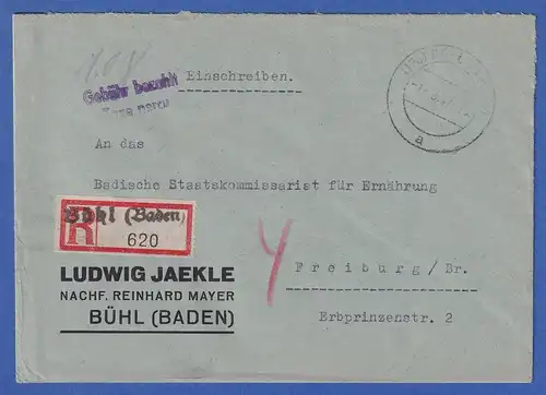 Gebühr bezahlt R-Brief aus BÜHL (BADEN) am 1.3.47 gel. nach Freiburg