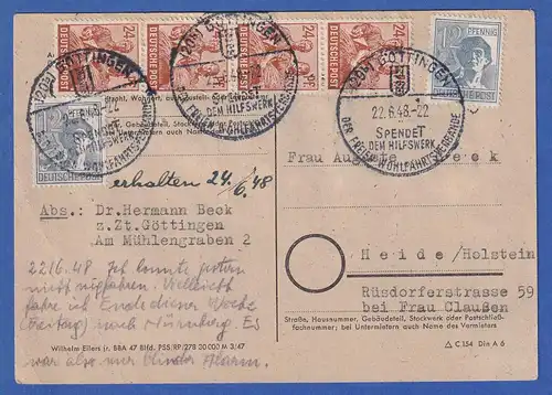 Währungsreform Postkarte vom 22.6.48 mit 10-fach Frankatur aus GÖTTINGEN 