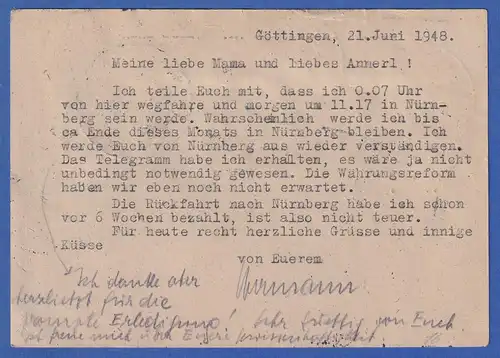 Währungsreform Postkarte vom 22.6.48 mit 10-fach Frankatur aus GÖTTINGEN 