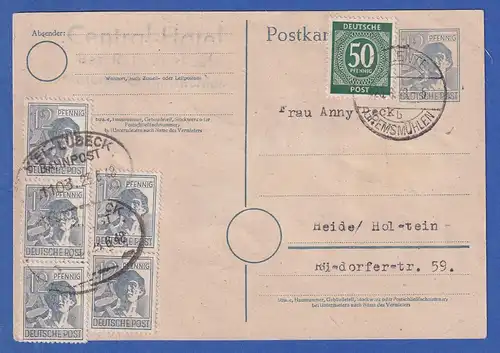 Währungsreform Postkarte vom 23.6.48 mit 10-fach Frankatur aus MALENTE, Bahnpost