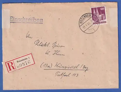 Bautenserie 1948 R-Brief aus Rosenheim mit EF 60Pfg Dom Mi.-Nr. 93 I WG