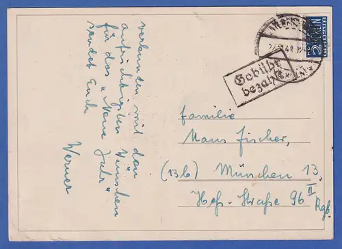 Bizone Gebühr-bezahlt Postkarte mit 2Pfg NOTOPFER BERLIN, 1948