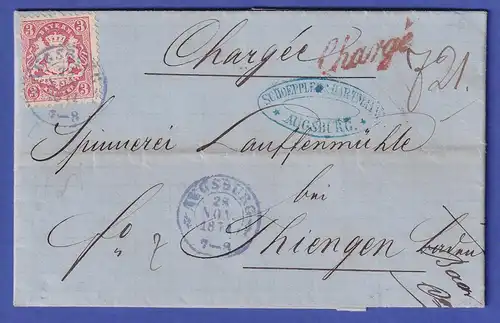 Bayern Wappen gez. Mi.-Nr. 23 EF auf Chargé-Brief von Augsburg nach Thiengen 