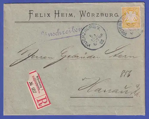 Bayern Wappen 40Pfg Mi.-Nr. 67y auf R-Brief von Würzburg nach Hanau