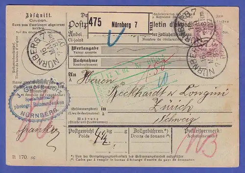 Bayern Wappen 80Pfg Mi.-Nr. 68y auf Paketkarte von Nürnberg nach Zürich