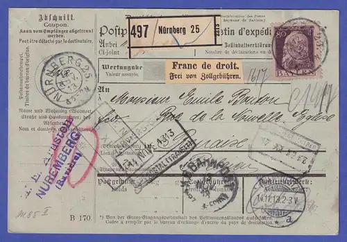 Bayern Luitpold 80Pfg Mi.-Nr. 85 II auf Paketkarte aus Nürnberg nach Belgien