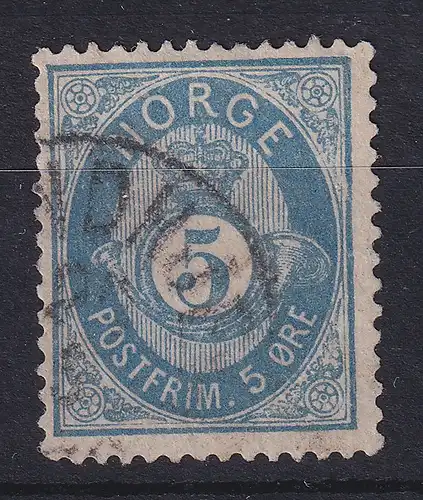 Norwegen 1878 Freimarke Posthorn 5 Öre pr.-blau Mi.-Nr. 24b gestempelt