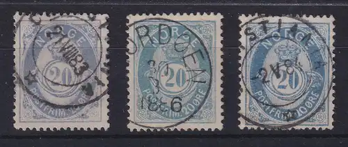 Norwegen 1882 Freimarke Posthorn 20 Öre Mi.-Nr. 41 a,b,c alle Farben gestempelt