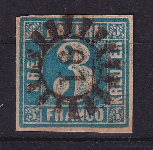 Bayern 3 Kreuzer blau Mi.-Nr. 2 II mit GMR 91 auf Briefstück