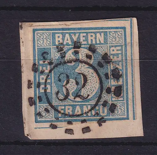 Bayern 3 Kreuzer blau Mi.-Nr. 2 II mit OMR 32 Bamberg auf Briefstück