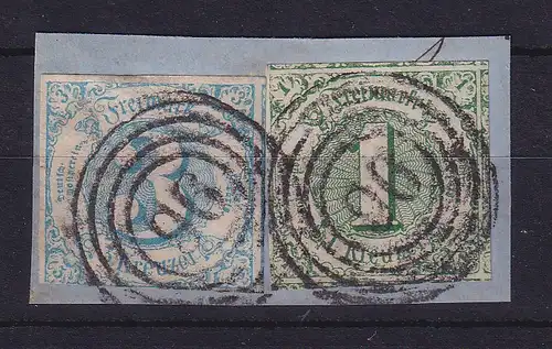 Thurn und Taxis Mi.-Nr. 20 und 21 mit Nr.-O 96 Biedenkopf auf Briefstück