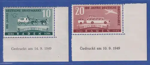 Franz. Zone Baden 100 Jahre Briefmarken Mi-Nr 54-55 je Ecke UL mit Druckdatum **