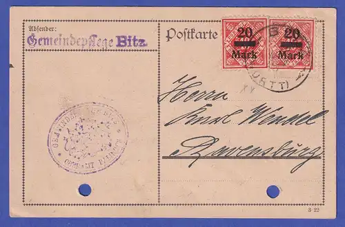 Württemberg Infla Mi-Nr 162 2-fach als MEF auf Karte von BRITZ n. Ravensburg
