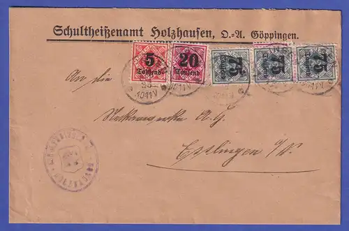 Württemberg Infla Mi-Nr. 173,174 und 176 auf Brief von HOLZHAUSEN n. Esslingen