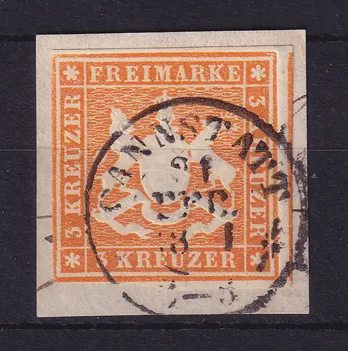 Württemberg 3 Kreuzer Mi.-Nr. 12 a  gestempelt CANNSTADT auf Briefstück