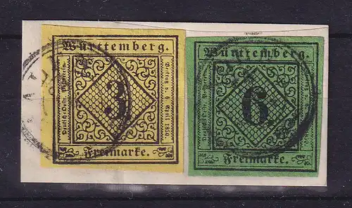 Württemberg Mi.-Nr. 2 und 3 gestempelt AALEN auf Briefstück