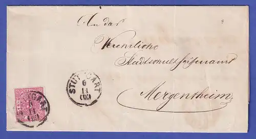 Württemberg 3 Kreuzer Mi.-Nr. 37 auf Brief von STUTTGART nach MERGENTHEIM