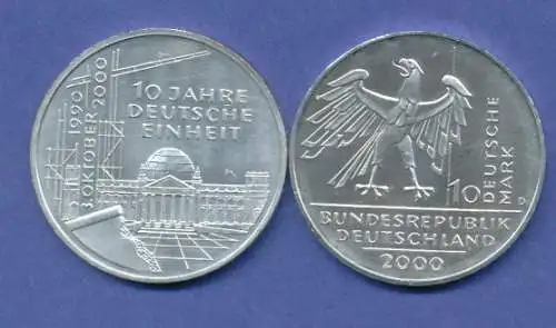 Bundesrepublik 10DM Silber-Gedenkmünze 2000, 10 Jahre Deutsche Einheit