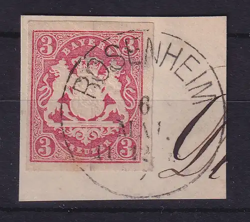 Bayern Wappen 3 Kreuzer rot Mi.-Nr. 15 mit Einkreis-O ROSENHEIM auf Briefstück