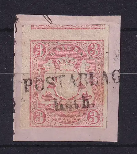 Bayern Wappen 3 Kreuzer rot  Mi.-Nr. 15 mit Postablage-O Roth auf Briefstück