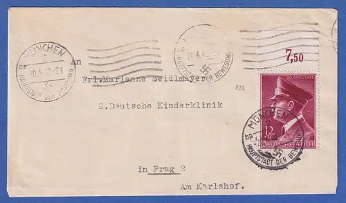 Dt. Reich Geb. Hitler Mi.-Nr. 813y Oberrandstück auf Brief v. MÜNCHEN nach Prag