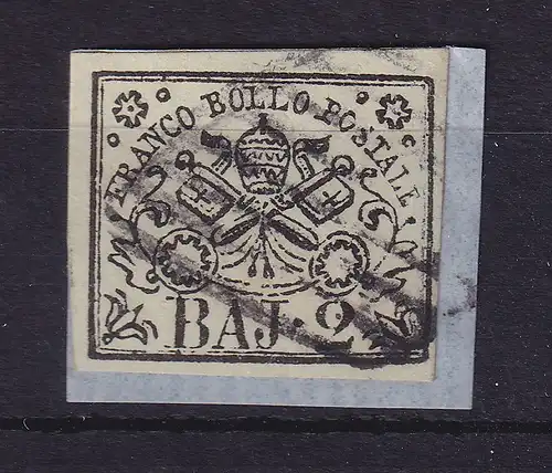 Alt-Italien Kirchenstaat 1852 weißlichgrün 2 Baj. Mi.-Nr. 3 e O auf Briefstück