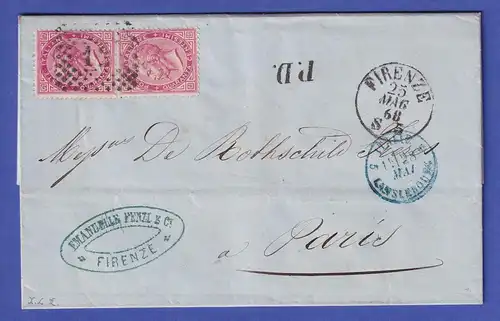 Italien 1868 Mi.-Nr. 20 - 2 Stück auf Brief an die Firma Rothschild in Paris