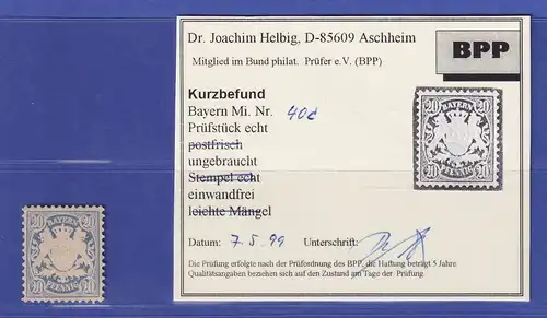 Bayern Wappen 20 Pfennig ultramarin Mi.-Nr. 40 b ungebraucht * KB HELBIG BPP